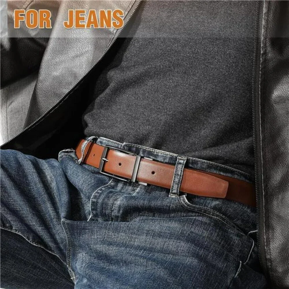 Men's Reversible Leather Belt Black Brown Dress Golf Adjustable Waist Belt